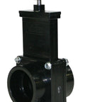 Valterra ABS gate valve, 1-1/2 in slip, black plastic with T-handle, front view