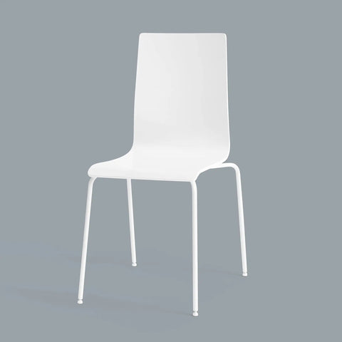Minimalist white chair with a smooth seat and slim metal legs on a gray background.