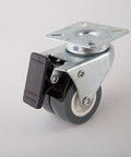 Close-up of Heavy Duty Twin Caster Wheels with Plate for Furniture Carts showing locking mechanism and rubber wheel.
