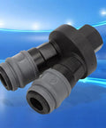 Durable Plastic Steel Quick Connector 2 Piece Set For C Type Round Two Way Air Fitting in a blue background