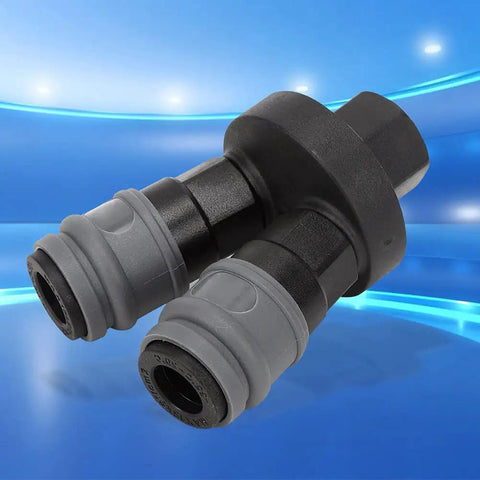 Durable Plastic Steel Quick Connector 2 Piece Set For C Type Round Two Way Air Fitting in a blue background