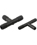 Two black T-connectors from 113 Piece Hose Connector Kit With Reducers, Straight Fittings And T Connectors - Plastic Plumbing Set For Cooling And Fuel System Repairs