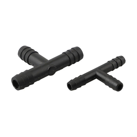 Two black T-connectors from 113 Piece Hose Connector Kit With Reducers, Straight Fittings And T Connectors - Plastic Plumbing Set For Cooling And Fuel System Repairs