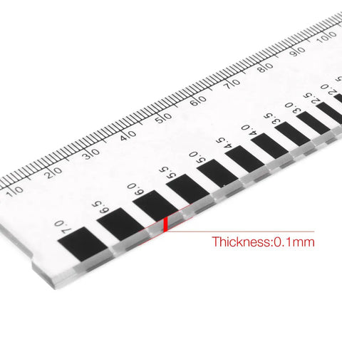 Rugged Concrete Crack Width Gauge Ruler 0.1 to 7.0 mm Dual Metric Polycarbonate with precision width references. Close-up view.