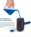 Seamless Paint Roller Brush With Integrated Flocked Edger pouring blue paint into the roller for easy application on walls.