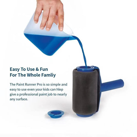 Seamless Paint Roller Brush With Integrated Flocked Edger pouring blue paint into the roller for easy application on walls.