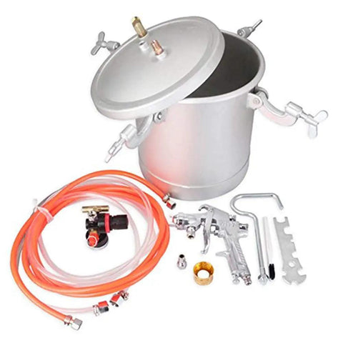 Pro Grade Heavy Duty 15 Liter Pneumatic Pressure Paint Spray Gun components including a silver tank, hoses, and spray gun for painting.