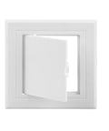 No Sweat 4X4 Inch Hinged Plastic Access Panel For Drywall And Ceilings Removable Cover in Brilliant White with open door.