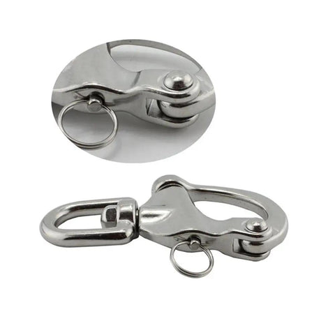 Heavy Hitter 316 Stainless Steel Swivel Snap Shackle With Large Bail And Quick Release Eye Hook For Marine Rigging Boat Yard and Outdoor Job Sites showing detailed close-up view.