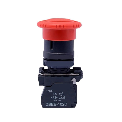 Emergency Stop Switch Rotary Reset Button For Industrial Machinery And Control Panels, red and black, model ZBEE-102C.