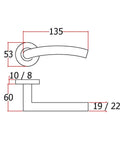 Diagram of interior sliding door lever handle with slick one piece design showing dimensions; 135mm width, 60mm height.