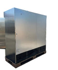 Straight Up Solid Workhorse Three Door Commercial Reach In Freezer, 72 Cubic Foot Stainless Steel Build side view with open door.