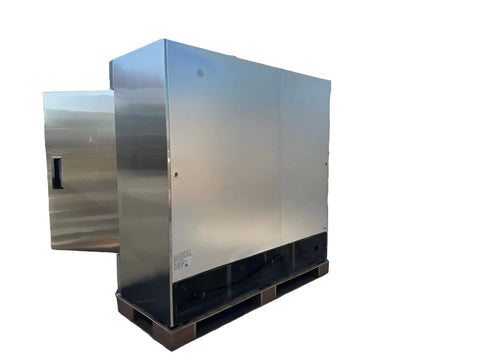 Straight Up Solid Workhorse Three Door Commercial Reach In Freezer, 72 Cubic Foot Stainless Steel Build side view with open door.