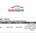 Table listing compatibility of Front Wheel Hub and Bearing Assembly for Dodge Ram 1500 2006 2008 with ABS, 5 Lug