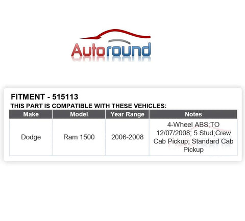 Table listing compatibility of Front Wheel Hub and Bearing Assembly for Dodge Ram 1500 2006 2008 with ABS, 5 Lug