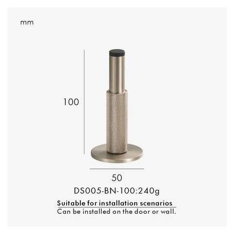 Heavy Duty Brass Door Stopper With Knurled Texture For Floor Wall Mount, Solid Metal Bumper 100mm height for secure door holding.