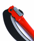 Close-up of 16 Inch Steel Folding Sickle Scythe For Grass And Weeds showing red handle and sharp blade