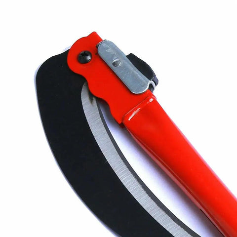 Close-up of 16 Inch Steel Folding Sickle Scythe For Grass And Weeds showing red handle and sharp blade