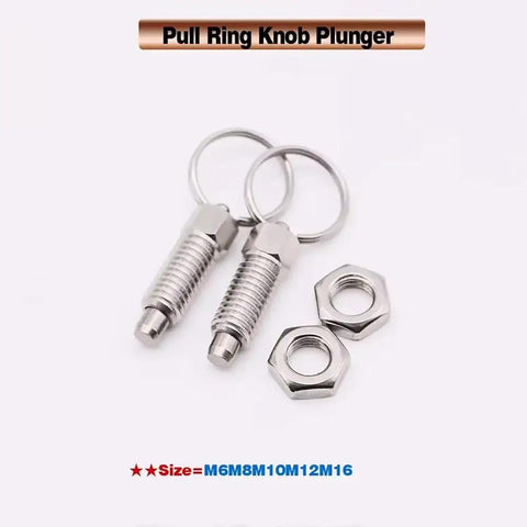 Rugged Stainless Steel Indexing Plunger With Smooth Grip Ring Handle And Retractable Pin For No Hassle Machine Alignment And Dependable Shop Floor Positioning Runs, showing two plungers with nuts.