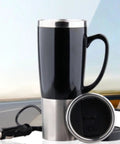 Portable Electric Car Kettle With 500Ml Stainless Steel Body, Fast Boil Water Heater Cup For Coffee Or Tea side view with car charger