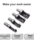 Dead Nuts Accurate Carbon Steel Wood Plug Cutter Drill Bit Set showing four sizes for smooth dowel install and quick countersink fixes.
