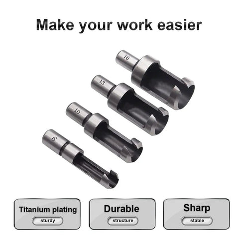 Dead Nuts Accurate Carbon Steel Wood Plug Cutter Drill Bit Set showing four sizes for smooth dowel install and quick countersink fixes.