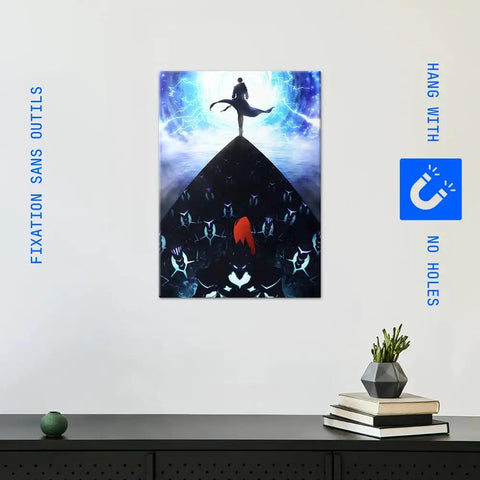 Badass Solo Leveling Metal Wall Art Poster And Dope Anime Collector Print With Heavy Duty Magnetic Mount And Crisp High Res Art on wall.