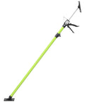 Angled side view of Espidoo adjustable support pole; neon-green steel rod with black clamp and top mounting plate