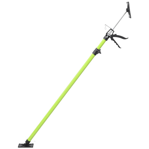 Angled side view of Espidoo adjustable support pole; neon-green steel rod with black clamp and top mounting plate