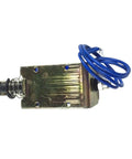 Dual Action Solenoid Electromagnet 12V DC and 24V DC Open Frame Push Pull Actuator 25N Force 10mm Stroke Workhorse Low Voltage Magnetic Coil for Robotics and Automation, side view with blue wires