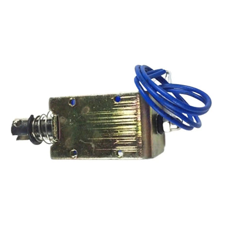 Dual Action Solenoid Electromagnet 12V DC and 24V DC Open Frame Push Pull Actuator 25N Force 10mm Stroke Workhorse Low Voltage Magnetic Coil for Robotics and Automation, side view with blue wires