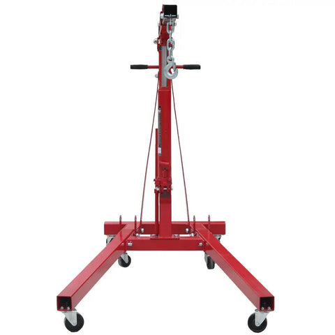 Top Shelf 2 Ton Steel Garage Engine Hoist With Folding Frame And Hydraulic Long Ram Jack, front view showcasing stable base and hydraulic system.