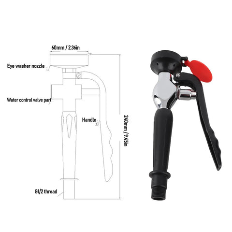 Diagram and photo of Emergency Eyewash Spray Head With Stainless Steel Drench Hose And Sink Accessory For First Aid Eye Wash Units