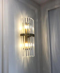 Top Shelf Crystal Wall Sconces With Brushed Black Metal And Sleek Bedroom Vanity Light For Bathroom Fixture Modern Bedside Lamp For Dining Room Decor Heavy Duty Build With Fresh Vibes mounted on wall, featuring K9 crystal shade and warm illumination.