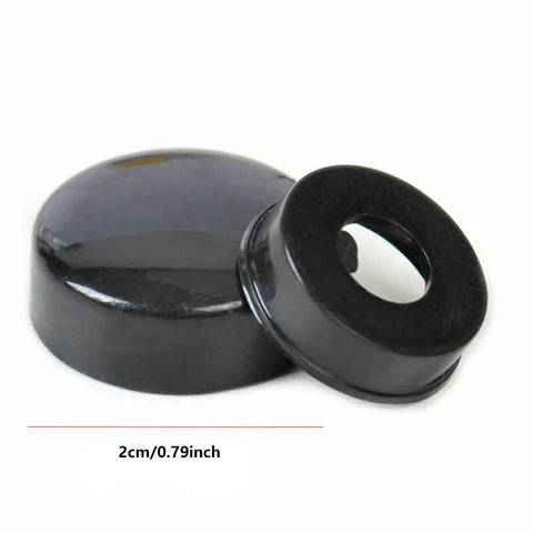 Close-up of 8 Pack Black License Plate Screw Caps for Cars, Trucks, and Vans, Snap On Bolt Covers, Universal Fit, Easy Install.