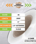 Clear Stretch Wrap Film Rolls With Built In Handles 5 Inch X 1000 Feet 45 Gauge Self Sealing Packing Film Goes On Smooth As Butter And Makes Securing Boxes A Real Breeze 12 Pack specifications image showing gauge, length, width and core diameter.