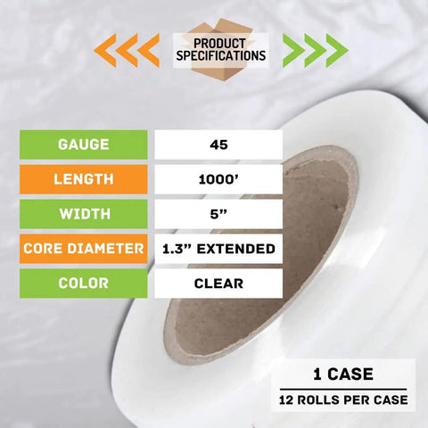 Clear Stretch Wrap Film Rolls With Built In Handles 5 Inch X 1000 Feet 45 Gauge Self Sealing Packing Film Goes On Smooth As Butter And Makes Securing Boxes A Real Breeze 12 Pack specifications image showing gauge, length, width and core diameter.