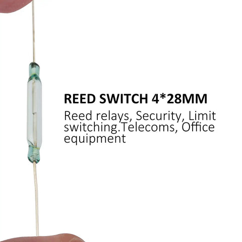 Close-up of Lil 4 By 28 mm Normally Open Reed Switch showing sealed tube and wire for small projects magnetic induction switches.