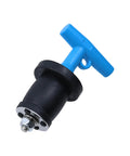 Side view of blue T-handle pipe cleanout plug with black body and metal threaded end for 1-3/4 to 2-1/4 in pipes
