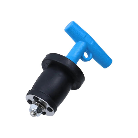 Side view of blue T-handle pipe cleanout plug with black body and metal threaded end for 1-3/4 to 2-1/4 in pipes