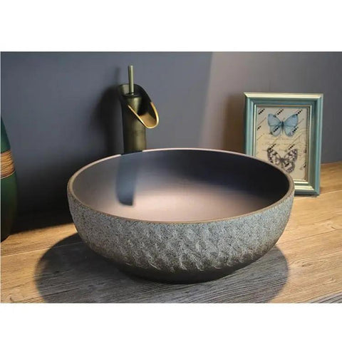 USZWBY Vessel Sinks Wash Basin Ceramic Art Table Retro Wash Basin Bathroom Wash Basin Round Home Bathroom Sink with smooth interior.
