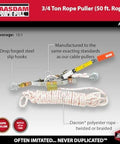 Three Quarter Ton Rope Puller With Fifty Foot Three Strand Twisted Polydacron Rope Included shown with labeled parts and features