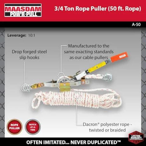 Three Quarter Ton Rope Puller With Fifty Foot Three Strand Twisted Polydacron Rope Included shown with labeled parts and features