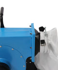 Side view of 1HP Industrial Dust Collector With Wheels 550 CFM Airflow showing blue metal housing and white dust bag filter.