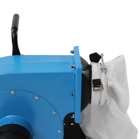 Side view of 1HP Industrial Dust Collector With Wheels 550 CFM Airflow showing blue metal housing and white dust bag filter.