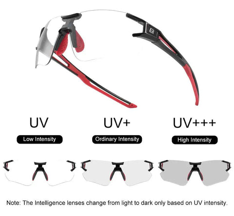 Photochromic Cycling Sunglasses For Men And Women, Frameless Bike Glasses With UV Protection, Black Red, Regular Fit
