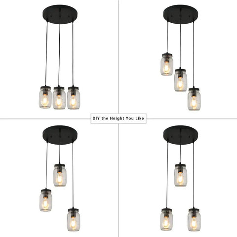 Three Light Mason Jar Pendant Chandelier For Farmhouse Kitchen And Dining Room, Adjustable Ceiling Light Fixture With Glass Jars