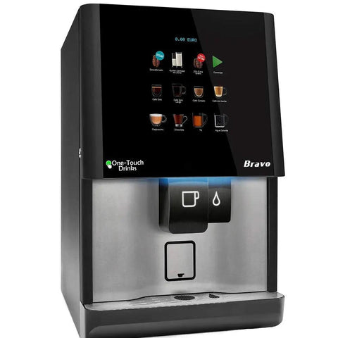 Touchless Beverage Dispenser For Espresso Tea And Hot Chocolate With Bean To Cup Brewing and Backlit Hover Screen, sleek design.