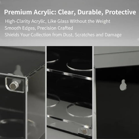 Close-up of 3 Tier Acrylic Golf Ball Display Case with 12 Compartments showing smooth edges and wall mount feature.