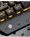 Top Tier Gaming Keyboard And Mouse Combo Featuring Colorful Breathing RGB Backlights And High Response Mouse, showing water-resistant keys.